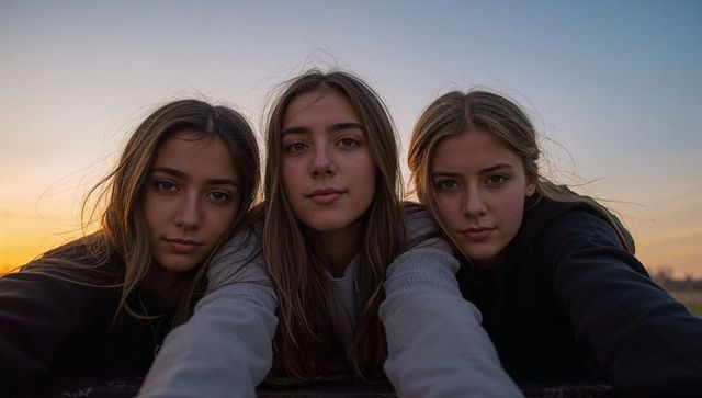 Three teenage friends taking sunset selfie with outstretched arms in field