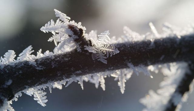 Backlit hoarfrost crystals glistening on twig at dawn, intricate ice dendrites macro