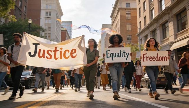 Diverse young activists marching on street holding justice, equality and freedom banners