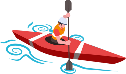 Kayaker in Red Kayak with Helmet and Vest on Transparent Background