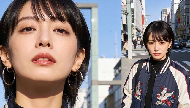 Confident asian woman posing in embroidered navy bomber jacket on urban crosswalk