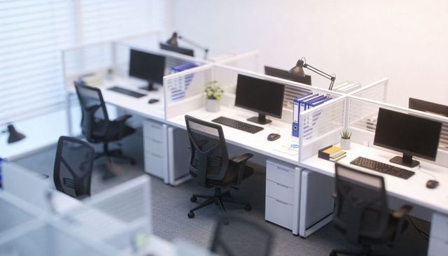 Modern open-plan office with partitioned workstations, ergonomic chairs, minimalist desks