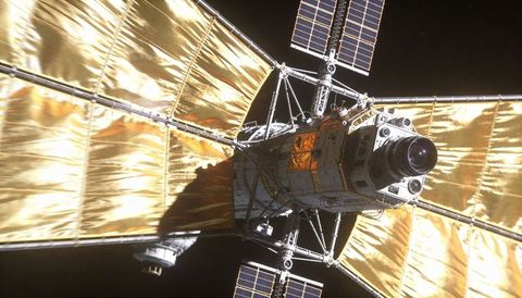 Rotating satellite bus with gold thermal blankets and solar arrays in low earth orbit