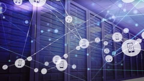 Visually represents global connectivity with computer servers and digital icons, symbolizing data processing and system integration. Suitable for illustrating concepts in IT, networking, and digital infrastructure brochures, educational materials, and tech industry marketing resources.