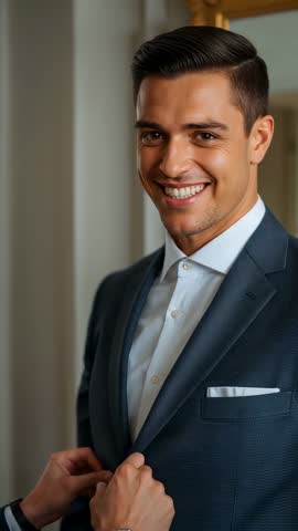 Stylist smoothing suit lapel and fastening jacket button while groomed man smiling