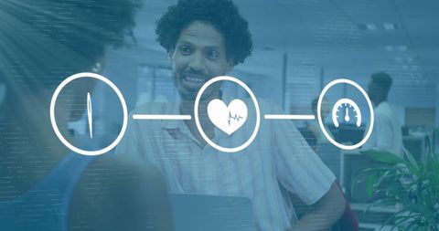 Colleagues Discussing Technology with Digital Interface Overlay in Office