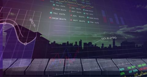 Futuristic cityscape overlaid with financial data graphs