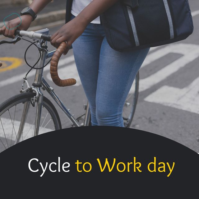 African American woman walking her bicycle on a city street during Cycle to Work Day. Perfect for promoting eco-friendly transportation, healthy lifestyles, bike commuting initiatives, environmental campaigns, and urban commuting solutions.