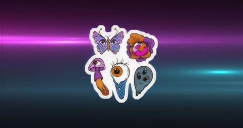 Surreal Cluster of Fantasy Stickers with Neon Glow