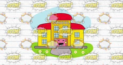 Fun and lively design showcasing a school building in a comic style explosion with vibrant colors. Ideal for educational materials, children's stories, or comic artwork requiring humor. Eye-catching use of bold colors and comic text making it suitable for playful or humorous contexts.