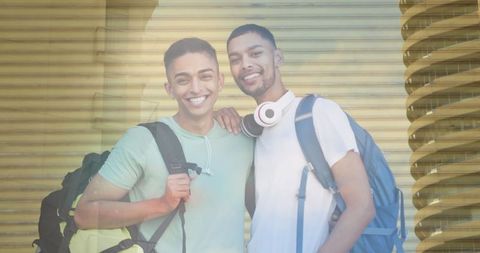 Biracial Friends Smiling with Urban Cityscape Background