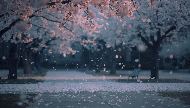 Tranquil walkway under cherry blossom petal canopy