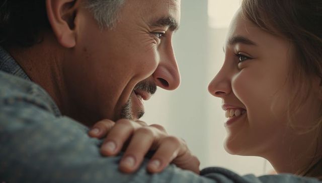 Smiling dad and teen daughter sharing tender forehead touch by window, close-up family bond
