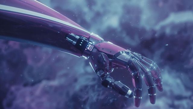 Futuristic robotic arm amidst nebula exuding technological brilliance