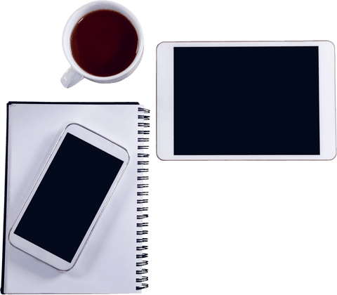 transparent office setup with tablet, smartphone, coffee, and notebook - Download Free Stock Videos Pikwizard.com