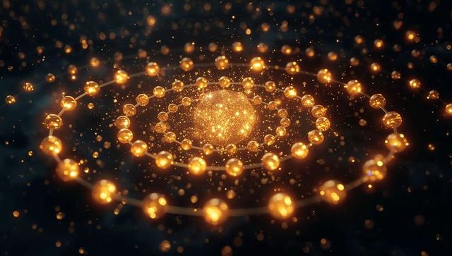 Spiraling golden orbits radiating luminous particles around glowing core