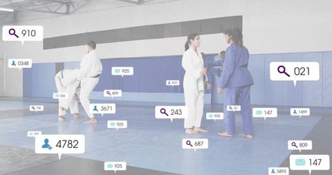 Teenage Girls Practicing Gi Martial Arts Sparring on Blue Mats with Social Media Overlays