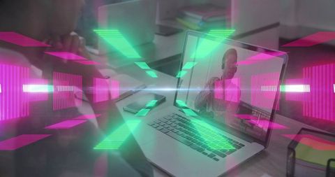 Virtual team connecting via laptop with neon holographic overlays in futuristic workspace