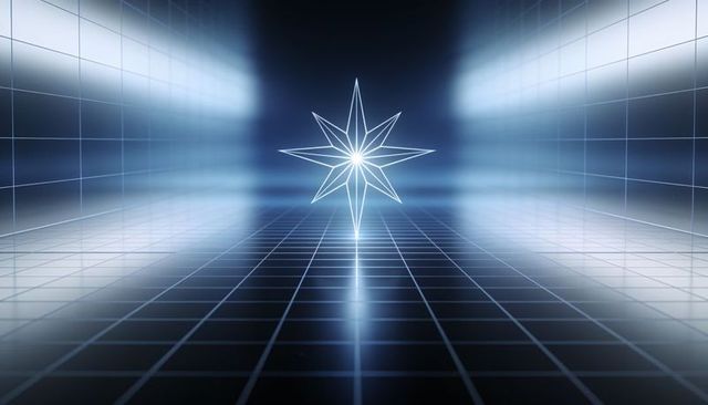 Hovering neon eight-point star casting beam over glossy grid floor in futuristic chamber
