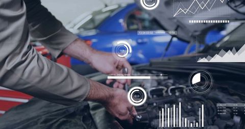 Mechanic tightening engine bolt under hood with wrench and digital telemetry HUD overlays