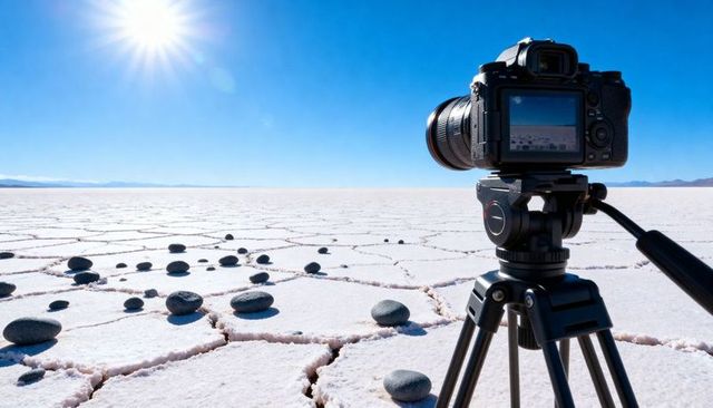 Dslr capturing minimalist salt flat landscape with strong sun and clear blue sky