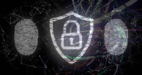Distressed Shield with Padlock and Dual Fingerprints Over Neon Cybersecurity Network