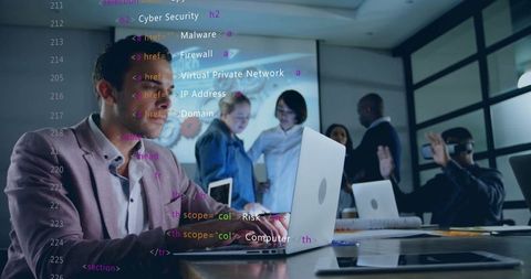 Cybersecurity team collaborating in high-tech corporate office