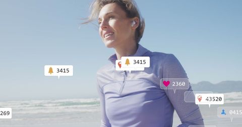 Young Woman Jogging on Beach with Social Media Symbols Overlay