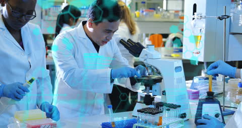 Diverse Scientists in Modern Lab with Digital Holograph