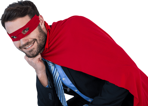 Businessman with transparent red cape and mask smiling confidently