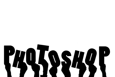 Transparent silhouette of hands holding photoshop text