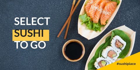 Takeaway sushi menu design with fresh rolls and sauce