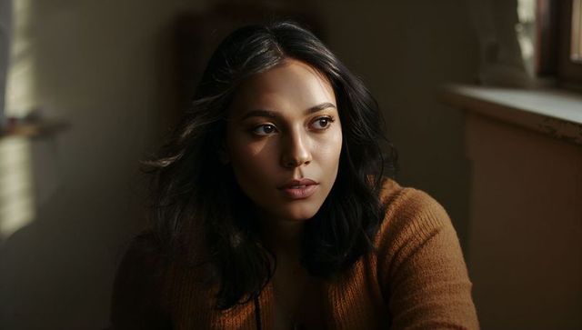 Moody contemplative young woman leaning by window with warm sidelight, intimate portrait