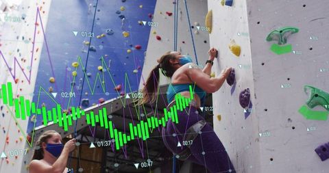 Women Climbing Gym Wall with Data Graph Overlay