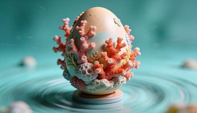 Decorative coral-embellished pastel egg on turquoise rippling surface coastal spring decor