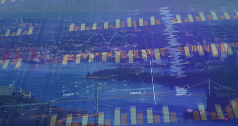 Financial Data Visualization Over City Landscape Coding Interface