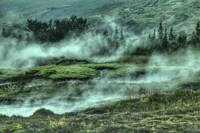 Steam rises over a lush green landscape, creating a serene and tranquil environment. Geothermal activity in Iceland is highlighted by the mist and fog that blend with the greenery. Ideal for promoting natural beauty, environmental awareness, travel to Iceland, or showcasing the unique features of geothermal regions.
