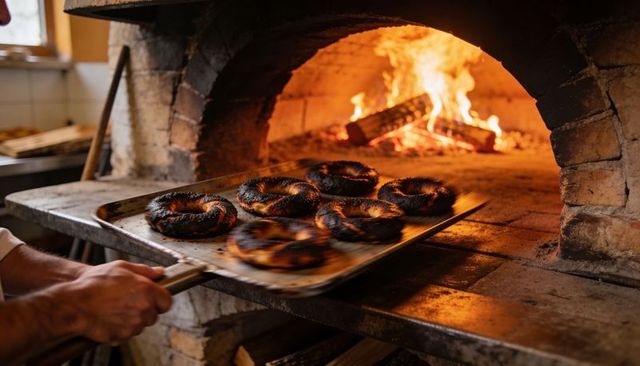 Sliding tray of rustic bagels emerging from wood-fired brick oven with open flame heat