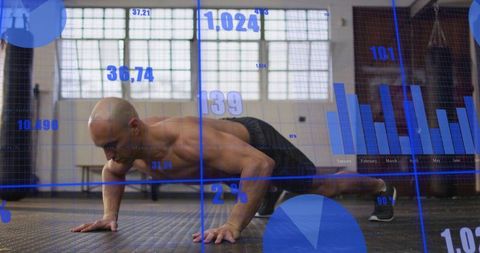 Shirtless athlete performing low plank with blue data overlay visualizing training metrics
