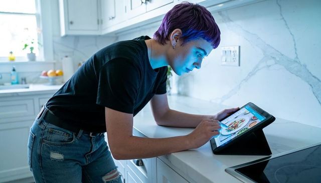 Leaning young adult tapping tablet on marble countertop browsing digital recipe app