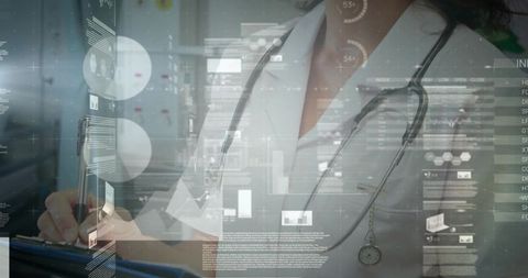 Doctor documenting patient chart with stethoscope and hud data overlays for digital health analytics