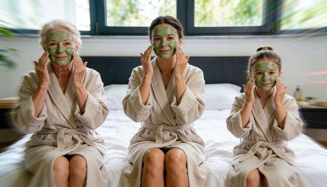 Three generations sharing green facial masks while bonding in robes on bed for home spa
