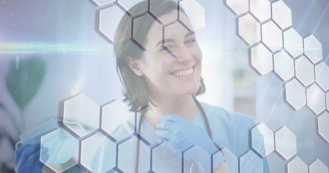 Smiling Nurse with Technology Overlay in Clinical Setting