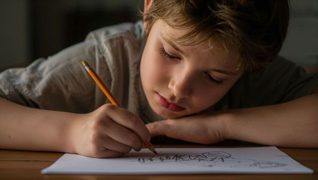 Young boy drawing with pencil on wooden desk, concentrating on sketch