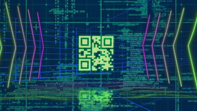 An video of a glowing QR code with a virtual digital interface filled with mathematical equations and programming code. Ideal for use in technological, cyber security, data science, software development, and educational content on mathematics and coding. Suitable for presentations, blogs, and websites related to innovative digital solutions and futuristic technology.