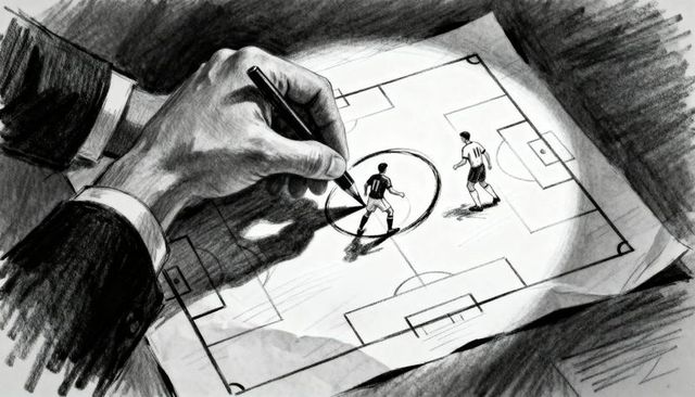 Circling key player on tactical soccer board with hand and pen, charcoal sketch of strategy