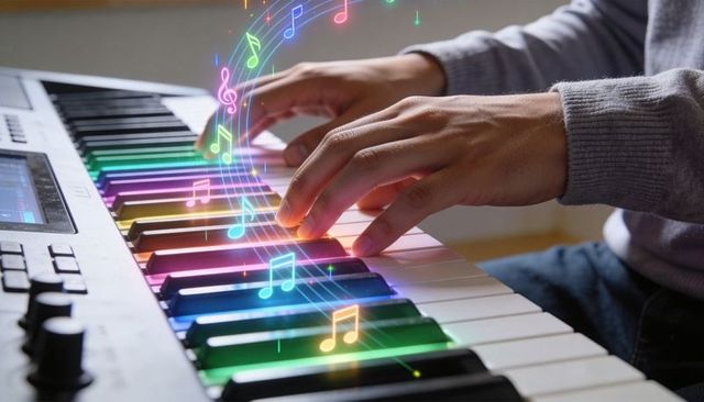 Hands playing colorful synth keyboard with rising neon musical notes for digital composition