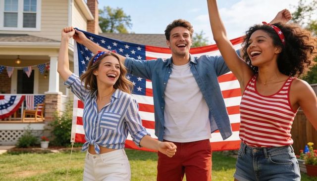 Friends celebrating fourth of july in backyard holding american flag wearing red white blue