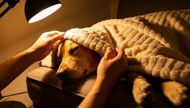 Tucking plush blanket over sleeping golden retriever on cozy sofa under warm lamp glow