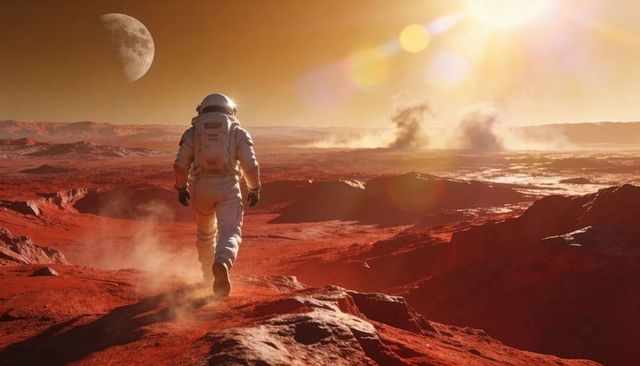 Exploring Mars: Astronaut Walking Across Red Rocky Plain at Sunlit Horizon